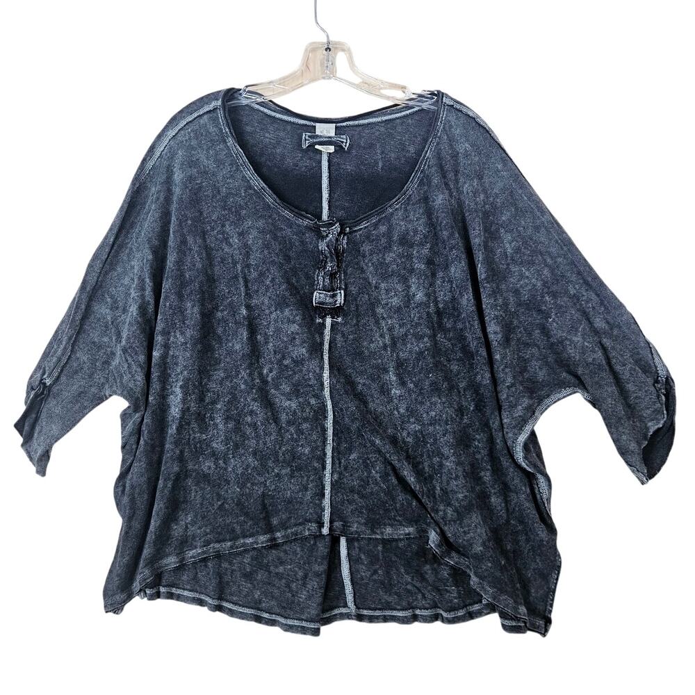 We the Free People First Base Henley Black Charcoal Oversized Acid Wash